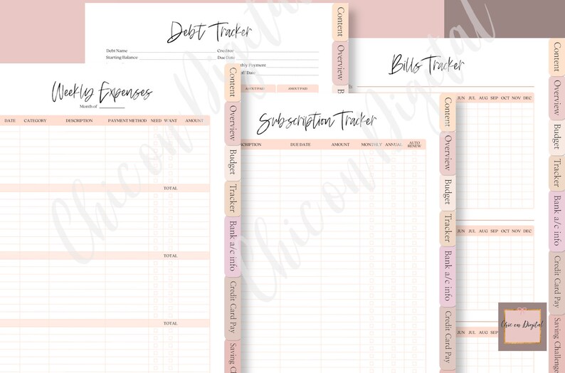 May include: A printable budget tracker with sections for weekly expenses, bills, subscriptions, and debt. The tracker includes tabs for content, overview, budget, bank account information, credit card payments, and savings challenges.