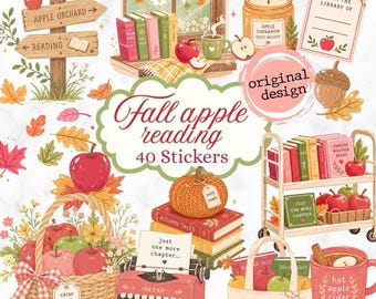 Fall Apple Reading for Goodnotes, Noteful and Journal: Autumn Reading clipart, Digital Planner Journal sticker, September Fall Apple