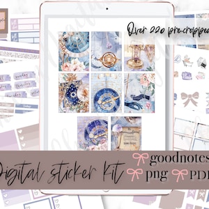 May include: Digital sticker kit with over 220 pre-cropped stickers featuring a celestial theme with blue, gold, and white colors. The stickers are compatible with Goodnotes and are available in PNG and PDF formats.