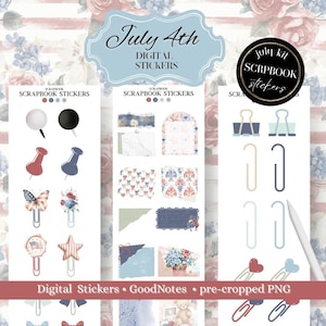 May include: Digital scrapbook stickers for July 4th, featuring patriotic designs. Includes push pins, paper clips, and decorative elements in red, white, and blue. The image also includes the text "July 4th DIGITAL STICKERS".