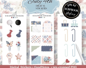 July 4th independence day Scrapbook Stickers, Split Screen Sticker Book, Goodnotes + Noteful Files + Individual PNGs, digital sticky notes