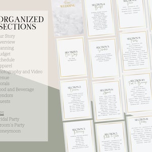 May include: A printable wedding planning checklist with 15 sections, including "Our Story", "Overview", "Planning", "Budget", "Schedule", "Apparel", "Photography and Video", "Venue", "Florals", "Food and Beverage", "Vendors", "Guests", "Bridal Party", "Groom's Party", and "Honeymoon".