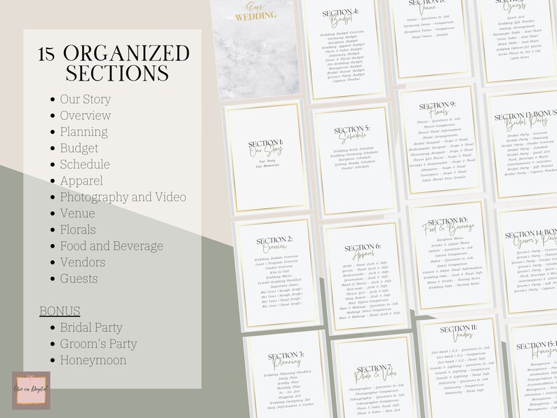 May include: A printable wedding planning checklist with 15 sections, including "Our Story", "Overview", "Planning", "Budget", "Schedule", "Apparel", "Photography and Video", "Venue", "Florals", "Food and Beverage", "Vendors", "Guests", "Bridal Party", "Groom's Party", and "Honeymoon".