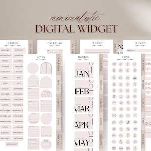 May include: A set of digital planner stickers with a minimalist aesthetic. The stickers include labels, icons, widgets, and a calendar with months of the year. The stickers are in a light pink color scheme with black text.