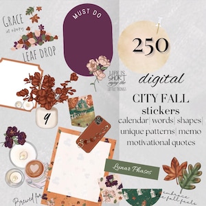 Peut inclure: Un ensemble de 250 autocollants numériques sur le thème de l'automne. Les autocollants présentent une variété de motifs, notamment des feuilles, des mots, des formes et des motifs. L'ensemble comprend également des citations motivantes et des autocollants de calendrier. Le texte "LIFE IS SHORT enjoy the LITTLE THINGS" est inclus dans l'image.