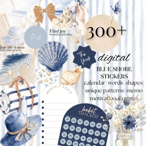 May include: Digital Blue Shore stickers with calendar, words, shapes, and unique patterns. The image features a beach theme with seashells, a beach hat, and a striped beach towel. The text includes "Find joy in every journey" and "This Week".