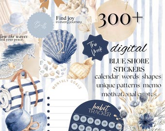 Summer Beach Day Digital Planner Stickers, GoodNotes Noteful Sticker bundle, Blue Shore coastline blue June July inspiration quote 26BKGN6