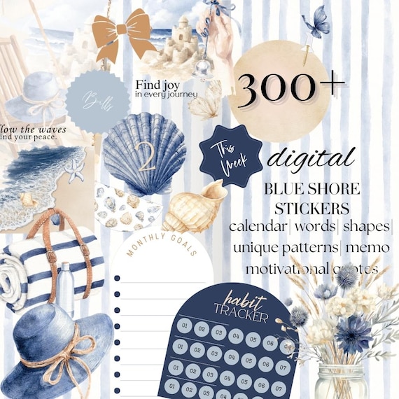 Summer Beach Day Digital Planner Stickers, GoodNotes Noteful Sticker bundle, Blue Shore coastline blue June July inspiration quote 26BKGN6