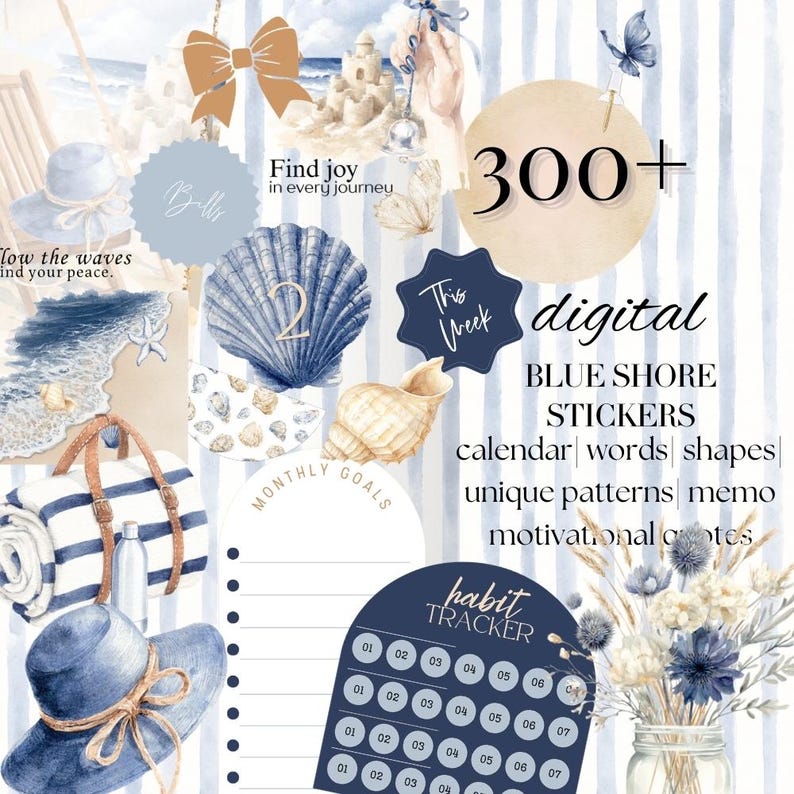 May include: Digital Blue Shore stickers with calendar, words, shapes, and unique patterns. The image features a beach theme with seashells, a beach hat, and a striped beach towel. The text includes "Find joy in every journey" and "This Week".