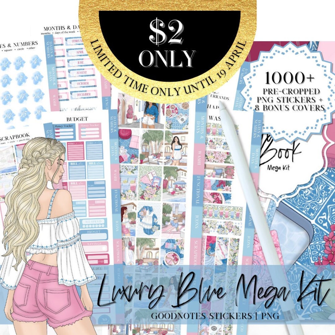 Goodnotes Stickers Pack, Blue Digital Stickers, Sticker Bundle for ...