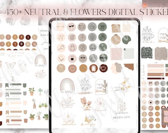 May include: A digital sticker sheet with over 450 neutral and floral designs. The stickers feature a variety of illustrations, including flowers, rainbows, butterflies, and inspirational quotes. The stickers are perfect for adding a touch of personality to planners, journals, and other paper goods.