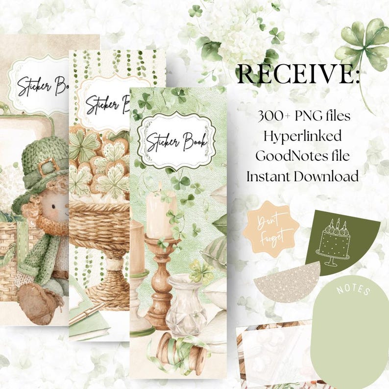 Op de afbeelding: Digitale stickerboeken met een thema van St. Patrick's Day. De covers bevatten illustraties van leprechauns, klavers en kaarsen. De afbeelding bevat ook tekst met de tekst "RECEIVE: 300+ PNG-bestanden, Hyperlinked GoodNotes-bestand, Instant Download."