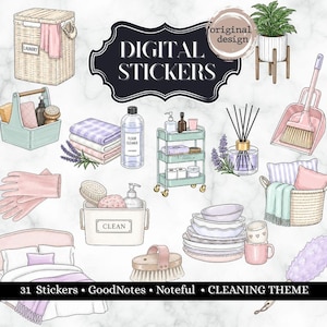 May include: A collection of digital stickers featuring household cleaning items including a laundry basket, cleaning cart, broom, dustpan, stack of towels, cleaning supplies, a bed, a stack of plates, a mug, and a duster with lavender accents.