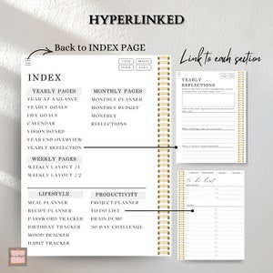 K&ouml;nnte beinhalten: Ein Schwarzwei&szlig;bild eines Planers mit einer goldenen Spiralbindung. Der Planer hat einen Registerreiter-Index mit Abschnitten f&uuml;r Jahresseiten, Monatsseiten, Wochenseiten, Lifestyle und Produktivit&auml;t. Der Text "HYPERLINKED" befindet sich oben auf der Seite.