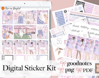 May include: A digital sticker kit for Goodnotes featuring a pink and purple colour scheme with illustrations of balloons, a house, and women. The kit includes various stickers, including text boxes, frames, and decorative elements. The text "church birthday work from home chill off bible study me time" is included in the image.