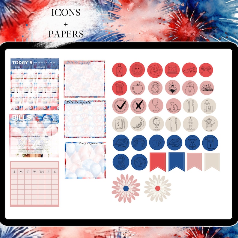 JULY GOODNOTES STICKER digital sticker, GoodNote stickers monthly, independence day, functional stickers, 4th of july sticker, icon sitkcer