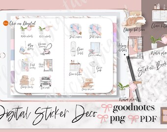 May include: A digital sticker book featuring illustrations of various household chores, such as cleaning the kitchen, bathroom, and laundry. The stickers are designed for use with Goodnotes and are available in PNG and PDF formats.