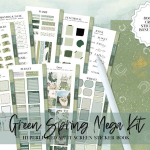 May include: Green and gold themed sticker book with over 800 pre-cropped stickers and 7 bonus covers. The sticker book includes sections for dates, months, budget, functional, icons, deco, and scrapbook.