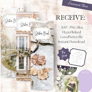 May include: A digital sticker book set featuring watercolor illustrations of a park, a building, and autumn leaves. Text includes "Summer Time," "RECEIVE: 300+ PNG files, Hyperlinked GoodNotes file, Instant Download," "Sticker Book," "This Week," and "NOTES."