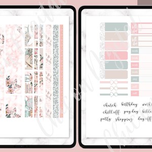May include: A set of printable planner stickers with a floral theme. The stickers include various sizes and shapes, with text such as "church", "birthday", "work from home", "chill off", "pay day", "bible study", "party", "shopping", "day off", and "travel".