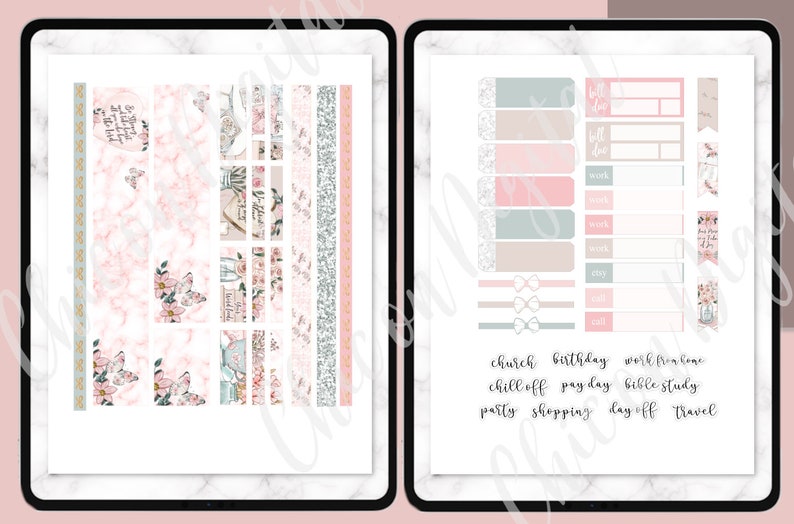 May include: A set of printable planner stickers with a floral theme. The stickers include various sizes and shapes, with text such as "church", "birthday", "work from home", "chill off", "pay day", "bible study", "party", "shopping", "day off", and "travel".