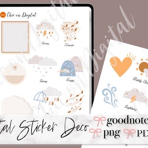 May include: A digital sticker set featuring illustrations of weather conditions, including a heart, sun, clouds, lightning, and a rainbow. The stickers are in a pastel colour palette with shades of blue, orange, and brown. The text "goodnotes png PDF" is visible in the bottom right corner of the image.