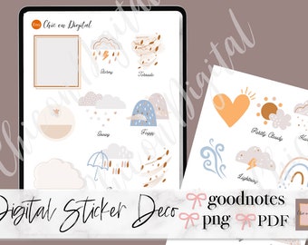 May include: A digital sticker set with illustrations of weather conditions, including a heart, sun, clouds, lightning, and a rainbow. The stickers are in a pastel color palette with shades of blue, orange, and brown. The text "goodnotes png PDF" is visible in the bottom right corner of the image.
