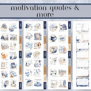 May include: A sheet of stickers with a nautical theme, featuring illustrations of sailboats, beach scenes, and quotes. The stickers are in shades of blue, white, and tan, with text that reads "motivation quotes & more."
