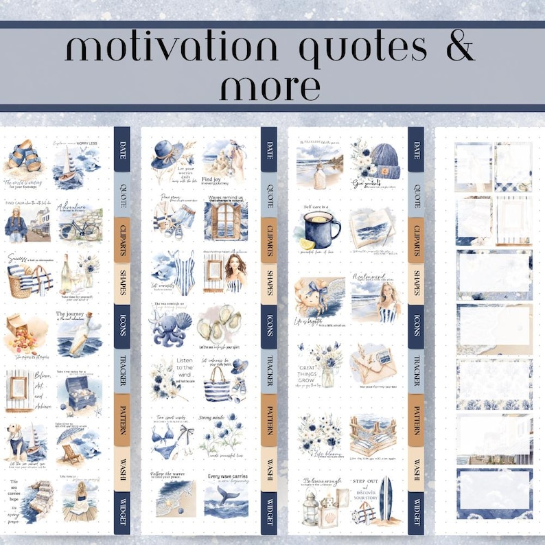May include: A sheet of stickers with a nautical theme, featuring illustrations of sailboats, beach scenes, and quotes. The stickers are in shades of blue, white, and tan, with text that reads "motivation quotes & more."