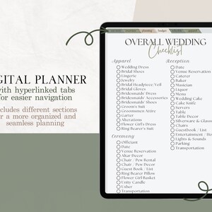 May include: A digital planner checklist for wedding planning with hyperlinked tabs for easier navigation. The checklist includes sections for apparel, reception, and ceremony.