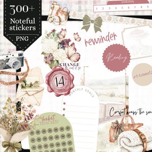 Puede incluir: Colección de pegatinas digitales con estética vintage. La imagen incluye una cámara, flores, mariposas y elementos de texto como "reminder" y "habit tracker". La paleta de colores presenta rosas, verdes y marrones suaves, ideal para planificación digital.