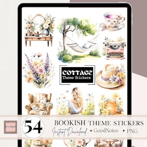 May include: A set of 54 cottagecore themed digital stickers featuring illustrations of a hammock, a typewriter, a hat, a jar of honey, a cat in a chair, a woman in a field, and flowers. The stickers are labeled "Bookish Theme Stickers" and "Instant Download + GoodNotes + PNG".
