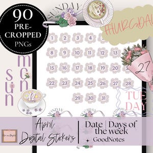 Sticker date numérique avril mai, sticker mois Goodnotes, sticker jours du mois, jours de la semaine, lot d'autocollants numériques date florale