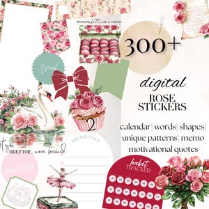 Rosen Sommer Juli GoodNotes Aufkleberpaket, Aufkleberpaket für digitales Journaling, Vision Board Aufkleber, ästhetische Planung Gartenblumenaufkleber