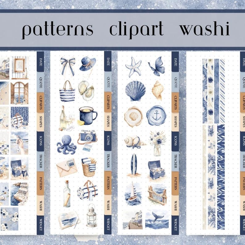 May include: A collection of nautical-themed digital clipart and washi tape designs. The illustrations feature seashells, beach scenes, and other coastal elements in shades of blue and beige. The text "patterns clipart washi" is at the top.