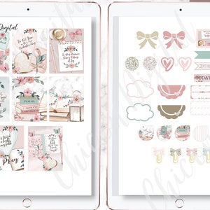 May include: A digital planner sticker set with a pink and green colour scheme. The stickers feature floral designs, bows, and inspirational quotes like "Get it done" and "Today is the day".
