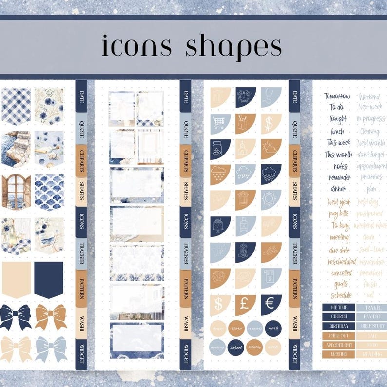 May include: A sheet of planner stickers with a nautical theme. The stickers feature various shapes, icons, and text labels in shades of blue, tan, and white. The text includes "icons shapes", "date", "quote", "cliparts", "shapes", "icons", "tracker", "pattern", "washi", and "widget".
