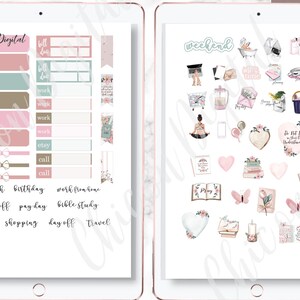 May include: A digital planner sticker set with a pink, green and brown colour scheme. The stickers feature various phrases and illustrations, including "weekend", "work from home", "chill off", "pay day", "bible study", "day off", "travel", and more.