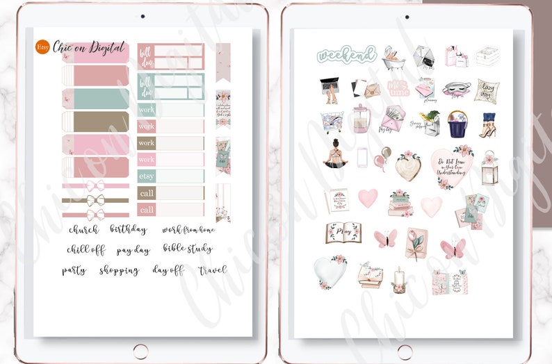 May include: A digital planner sticker set with a pink, green and brown colour scheme. The stickers feature various phrases and illustrations, including "weekend", "work from home", "chill off", "pay day", "bible study", "day off", "travel", and more.