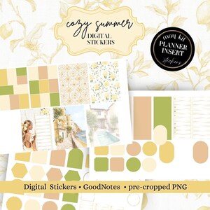 May include: Digital sticker set with a cozy summer theme. The set includes various shapes, patterns, and illustrations in shades of yellow, green, and beige. The text on the image says "cozy summer DIGITAL STICKERS" and "may kit PLANNER INSERT stickers".