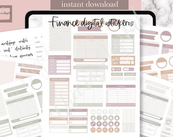 May include: A set of digital stickers for use in a planner or journal. The stickers are in shades of pink, brown, and gray and feature various financial-themed designs, including weekly spending trackers, expense trackers, and budget categories. The text "Finance digital stickers" is at the top of the image.