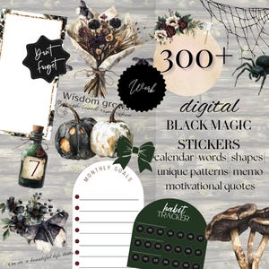May include: Digital stickers with a black magic theme, featuring pumpkins, bouquets, and a spiderweb. Includes calendar words, shapes, unique patterns, memo, and motivational quotes. The image also contains the text "Don't forget", "Work", and "300+".