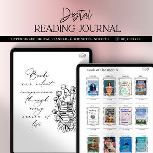 Puede incluir: Diario de lectura digital que se muestra en dos tabletas. Una tableta presenta la cita: "Los libros son compañeros silenciosos a través de cada estación de la vida". La otra tableta muestra un diseño de "libro del mes" con portadas de libros.
