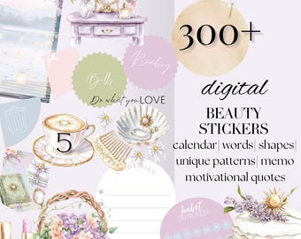 May include: A digital sticker set with over 300 stickers featuring a variety of designs, including floral, motivational quotes, and calendar elements. The stickers are perfect for adding a touch of whimsy and organization to planners, journals, and other paper goods.