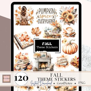 Può includere: Un set di 120 adesivi digitali a tema autunnale con illustrazioni di zucche, foglie, un camino, una pila di libri e una tazza di caffè. Il testo "Pumpkin Spice Everything" e "Fall Theme Stickers" è incluso nel design.