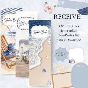 May include: Watercolor sticker book with beach and coastal themes. The image features three sticker book covers with beach scenes, including a beach chair, a seaside cafe, and a sandy beach with seashells. The text "Sticker Book" is visible on the covers.
