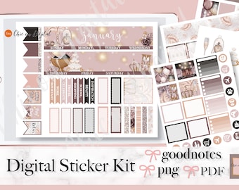 Kit mensual de enero: Stickers digitales, Stickers de enero para Goodnotes, Stickers precortados de 2025, Stickers digitales de Año Nuevo, Kit mensual de celebración