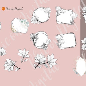 May include: A set of 10 digital floral frames with magnolia flowers and greenery. The frames are in various shapes and sizes, including circles, squares, and rectangles. The frames are perfect for adding a touch of elegance to your designs.
