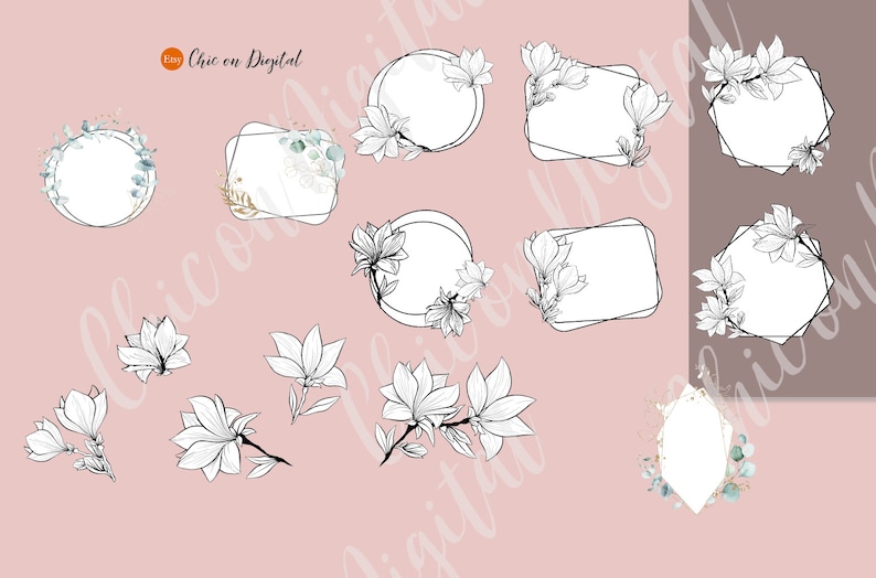 May include: A set of 10 digital floral frames with magnolia flowers and greenery. The frames are in various shapes and sizes, including circles, squares, and rectangles. The frames are perfect for adding a touch of elegance to your designs.