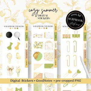 May include: Digital sticker set with a cozy summer theme. Includes scrapbook stickers, icons, and clipart in yellow, green, and white. Features push pins, paper clips, and decorative elements. The text reads "cozy summer" and "Digital Stickers".